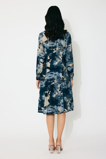 Shop Koai Blue Muslin, Cotton, Silk Collared Toile Print Shirt Dress at Aza Fashions Shop_Koai_Blue Muslin, Cotton, Silk Collared Toile Print Shirt Dress _at_Aza_Fashions