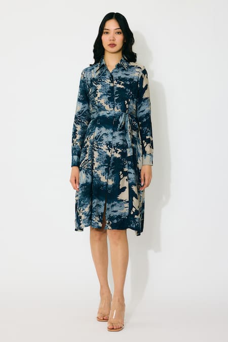 Shop Koai Blue Muslin, Cotton, Silk Collared Toile Print Shirt Dress Online at Aza Fashions Shop_Koai_Blue Muslin, Cotton, Silk Collared Toile Print Shirt Dress _Online_at_Aza_Fashions