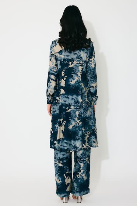 Shop Koai Blue Muslin, Cotton, Silk Collared Toile Print Long Shirt Set at Aza Fashions Shop_Koai_Blue Muslin, Cotton, Silk Collared Toile Print Long Shirt Set _at_Aza_Fashions