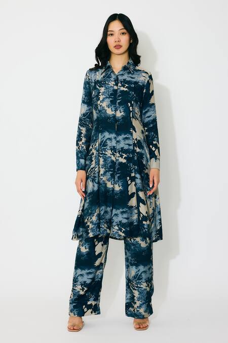 Koai Blue Muslin, Cotton, Silk Collared Toile Print Long Shirt Set at Aza Fashions Koai_Blue Muslin, Cotton, Silk Collared Toile Print Long Shirt Set _at_Aza_Fashions