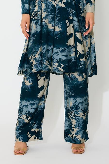 Buy Koai Blue Muslin, Cotton, Silk Collared Toile Print Long Shirt Set Buy_Koai_Blue Muslin, Cotton, Silk Collared Toile Print Long Shirt Set