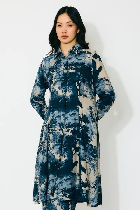 Shop Koai Blue Muslin, Cotton, Silk Collared Toile Print Long Shirt Set Shop_Koai_Blue Muslin, Cotton, Silk Collared Toile Print Long Shirt Set