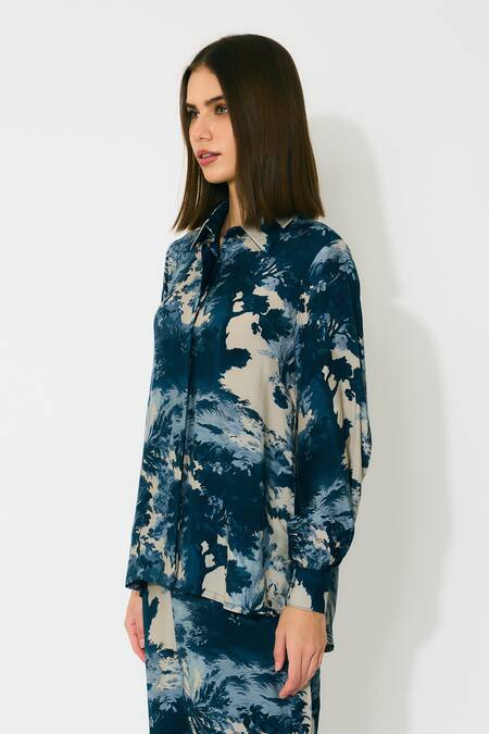 Koai_Blue Muslin, Silk Collared Toile Print Shirt _at_Aza_Fashions