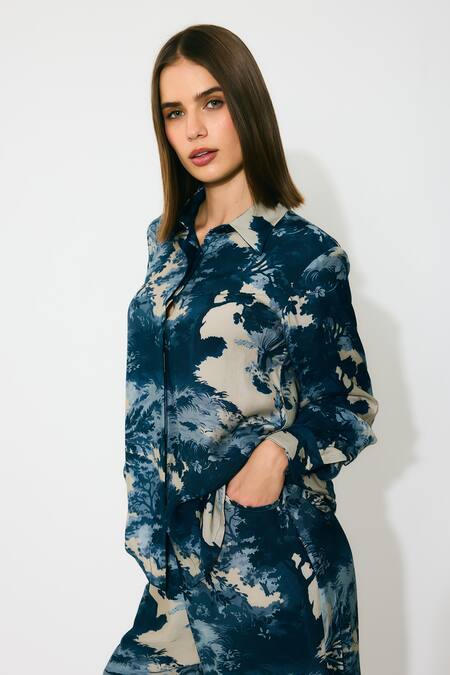 Buy_Koai_Blue Muslin, Silk Collared Toile Print Shirt 