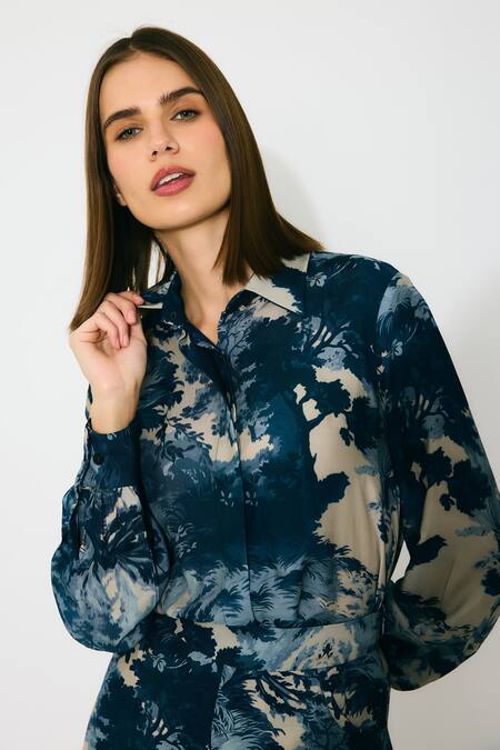 Shop_Koai_Blue Muslin, Silk Collared Toile Print Shirt 