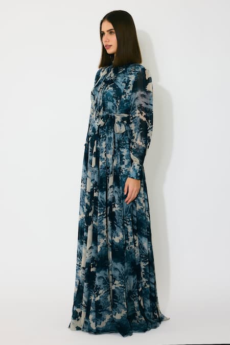 Koai Blue Georgette Open Neck Toile Print Long Dress Online at Aza Fashions Koai_Blue Georgette Open Neck Toile Print Long Dress _Online_at_Aza_Fashions