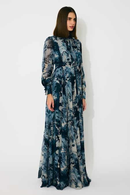 Buy Koai Blue Georgette Open Neck Toile Print Long Dress Online at Aza Fashions Buy_Koai_Blue Georgette Open Neck Toile Print Long Dress _Online_at_Aza_Fashions