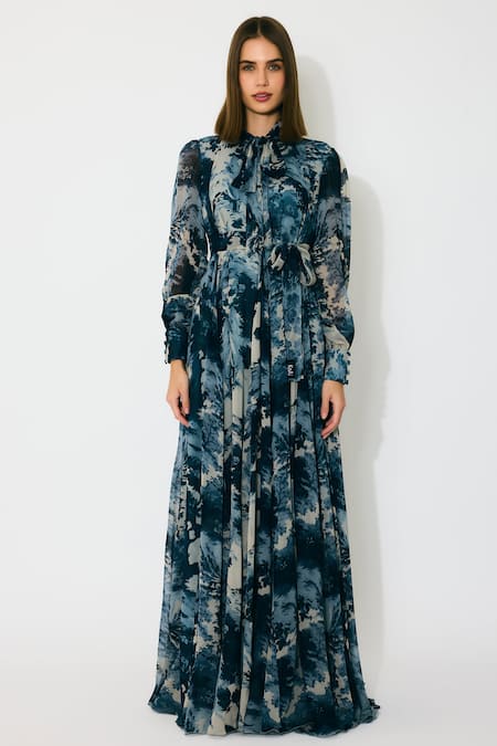 KoAi Blue Georgette Open Neck Toile Print Long Dress 