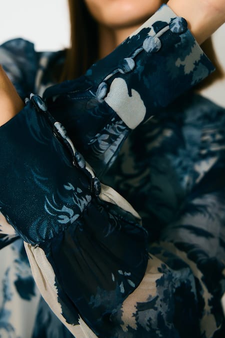 Shop Koai Blue Georgette Open Neck Toile Print Long Dress Online at Aza Fashions Shop_Koai_Blue Georgette Open Neck Toile Print Long Dress _Online_at_Aza_Fashions