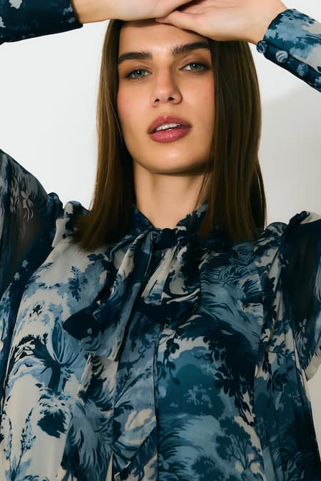 Koai Blue Georgette Open Neck Toile Print Long Dress at Aza Fashions Koai_Blue Georgette Open Neck Toile Print Long Dress _at_Aza_Fashions