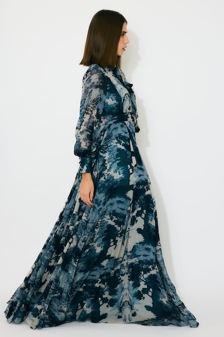Buy Koai Blue Georgette Open Neck Toile Print Long Dress Buy_Koai_Blue Georgette Open Neck Toile Print Long Dress