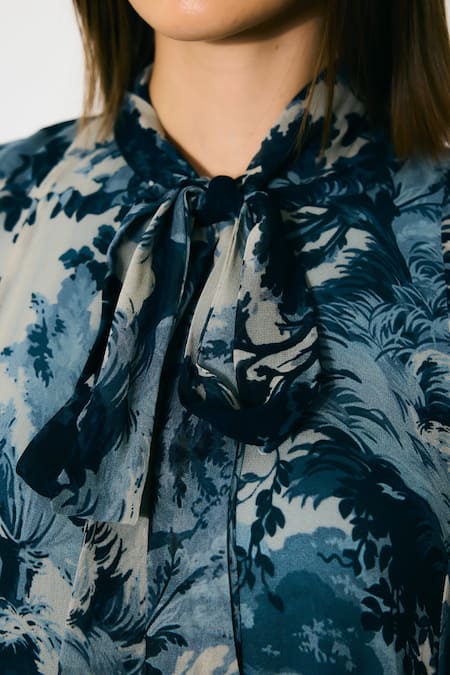 Shop Koai Blue Georgette Open Neck Toile Print Long Dress Shop_Koai_Blue Georgette Open Neck Toile Print Long Dress