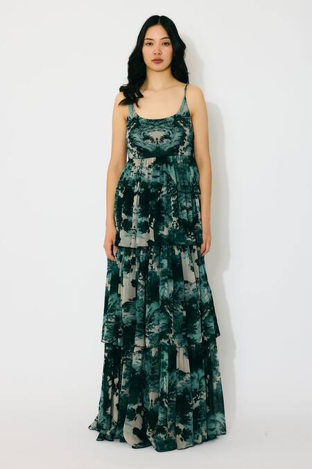 Koai Green Georgette Scoop Neck Toil Print Long Dress Online at Aza Fashions Koai_Green Georgette Scoop Neck Toil Print Long Dress _Online_at_Aza_Fashions
