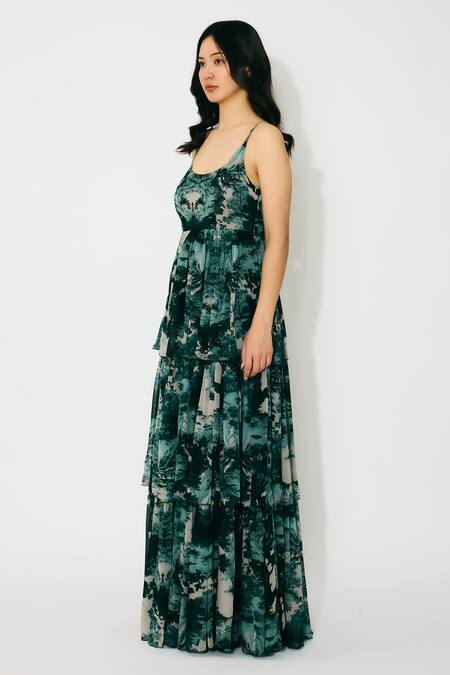 Buy Koai Green Georgette Scoop Neck Toil Print Long Dress Online at Aza Fashions Buy_Koai_Green Georgette Scoop Neck Toil Print Long Dress _Online_at_Aza_Fashions