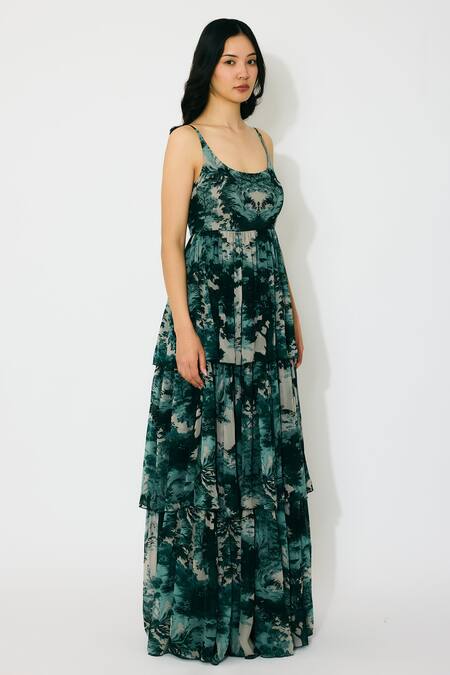 Shop Koai Green Georgette Scoop Neck Toil Print Long Dress Online at Aza Fashions Shop_Koai_Green Georgette Scoop Neck Toil Print Long Dress _Online_at_Aza_Fashions