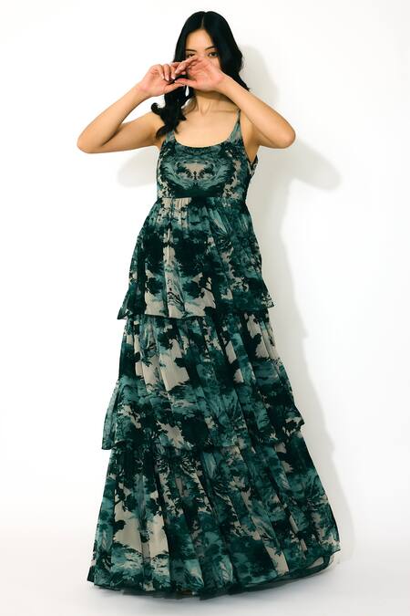 Koai Green Georgette Scoop Neck Toil Print Long Dress at Aza Fashions Koai_Green Georgette Scoop Neck Toil Print Long Dress _at_Aza_Fashions