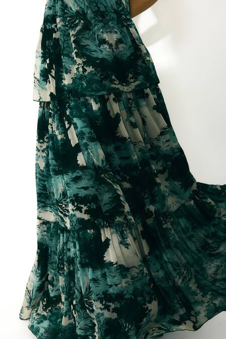 Shop Koai Green Georgette Scoop Neck Toil Print Long Dress Shop_Koai_Green Georgette Scoop Neck Toil Print Long Dress