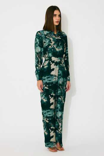 Koai_Green Muslin, Silk Toil Print Dark Pants _at_Aza_Fashions