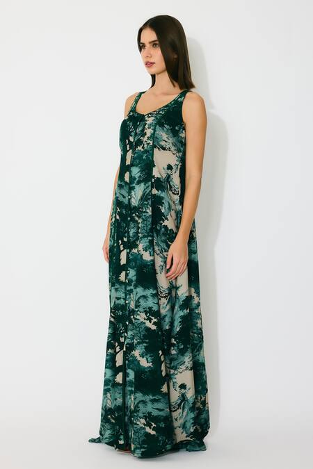 Koai Green Muslin, Cotton, Silk Scoop Neck Toil Print Sleeveless Maxi Dress Online at Aza Fashions Koai_Green Muslin, Cotton, Silk Scoop Neck Toil Print Sleeveless Maxi Dress _Online_at_Aza_Fashions