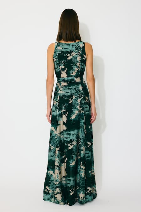 Shop Koai Green Muslin, Cotton, Silk Scoop Neck Toil Print Sleeveless Maxi Dress at Aza Fashions Shop_Koai_Green Muslin, Cotton, Silk Scoop Neck Toil Print Sleeveless Maxi Dress _at_Aza_Fashions