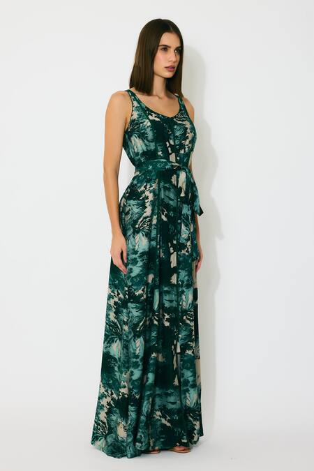 Shop Koai Green Muslin, Cotton, Silk Scoop Neck Toil Print Sleeveless Maxi Dress Online at Aza Fashions Shop_Koai_Green Muslin, Cotton, Silk Scoop Neck Toil Print Sleeveless Maxi Dress _Online_at_Aza_Fashions