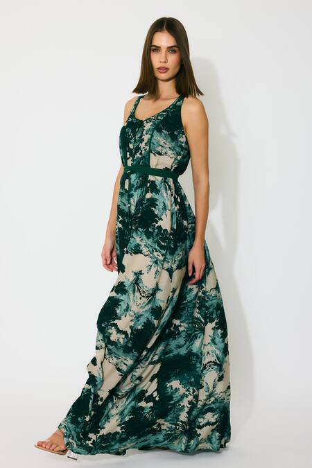 Koai Green Muslin, Cotton, Silk Scoop Neck Toil Print Sleeveless Maxi Dress at Aza Fashions Koai_Green Muslin, Cotton, Silk Scoop Neck Toil Print Sleeveless Maxi Dress _at_Aza_Fashions