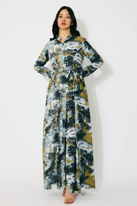 Koai Gold Muslin Collared Toile Print Maxi Shirt Dress Online at Aza Fashions Koai_Gold Muslin Collared Toile Print Maxi Shirt Dress _Online_at_Aza_Fashions