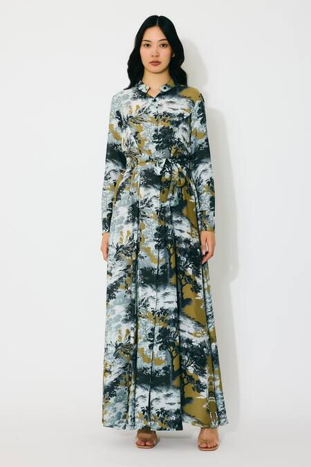 Buy Koai Gold Muslin Collared Toile Print Maxi Shirt Dress Online at Aza Fashions Buy_Koai_Gold Muslin Collared Toile Print Maxi Shirt Dress _Online_at_Aza_Fashions