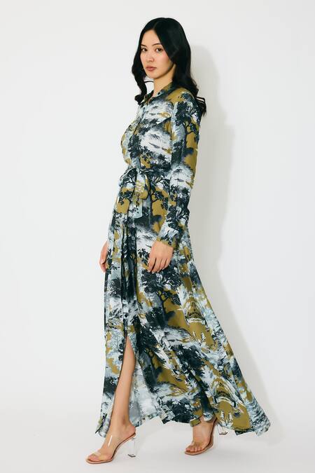 Shop Koai Gold Muslin Collared Toile Print Maxi Shirt Dress Online at Aza Fashions Shop_Koai_Gold Muslin Collared Toile Print Maxi Shirt Dress _Online_at_Aza_Fashions