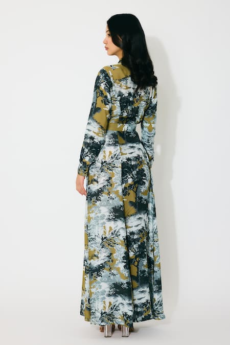 Shop Koai Gold Muslin Collared Toile Print Maxi Shirt Dress at Aza Fashions Shop_Koai_Gold Muslin Collared Toile Print Maxi Shirt Dress _at_Aza_Fashions