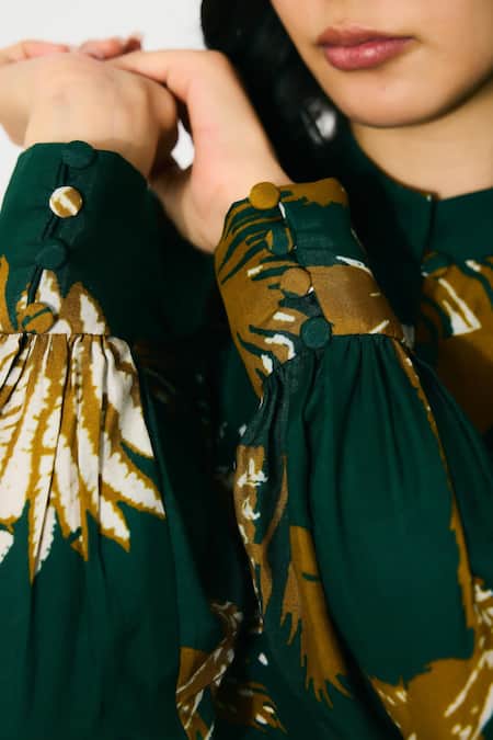 Koai Green Cotton, Silk Mandarin Collar Floral Long Shirt Dress Online at Aza Fashions Koai_Green Cotton, Silk Mandarin Collar Floral Long Shirt Dress _Online_at_Aza_Fashions