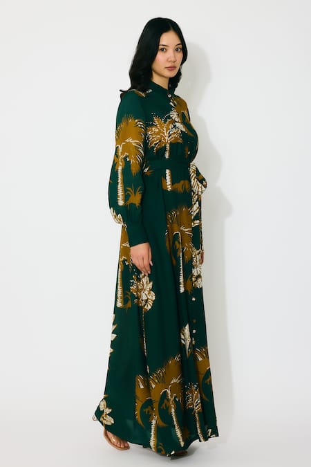 Shop Koai Green Cotton, Silk Mandarin Collar Floral Long Shirt Dress Online at Aza Fashions Shop_Koai_Green Cotton, Silk Mandarin Collar Floral Long Shirt Dress _Online_at_Aza_Fashions