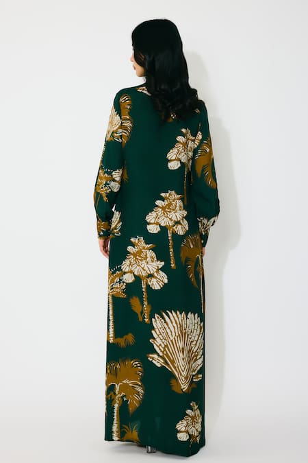 Shop Koai Green Cotton, Silk Mandarin Collar Floral Long Shirt Dress at Aza Fashions Shop_Koai_Green Cotton, Silk Mandarin Collar Floral Long Shirt Dress _at_Aza_Fashions
