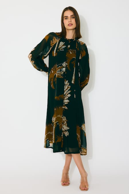 Koai Green Georgette Round Neck Floral Dark Midi Dress Online at Aza Fashions Koai_Green Georgette Round Neck Floral Dark Midi Dress _Online_at_Aza_Fashions