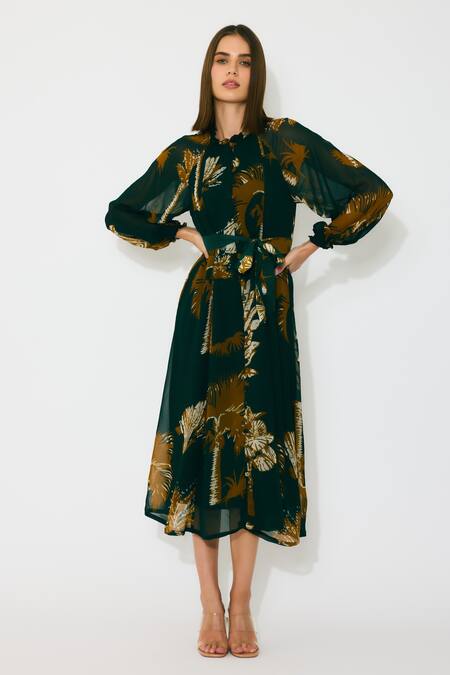 Buy Koai Green Georgette Round Neck Floral Dark Midi Dress Online at Aza Fashions Buy_Koai_Green Georgette Round Neck Floral Dark Midi Dress _Online_at_Aza_Fashions