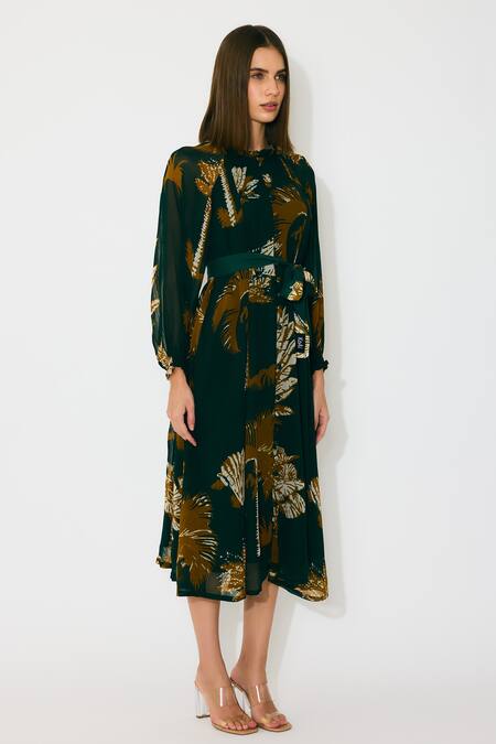 Shop Koai Green Georgette Round Neck Floral Dark Midi Dress Online at Aza Fashions Shop_Koai_Green Georgette Round Neck Floral Dark Midi Dress _Online_at_Aza_Fashions
