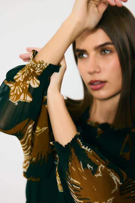 Koai Green Georgette Round Neck Floral Dark Midi Dress at Aza Fashions Koai_Green Georgette Round Neck Floral Dark Midi Dress _at_Aza_Fashions