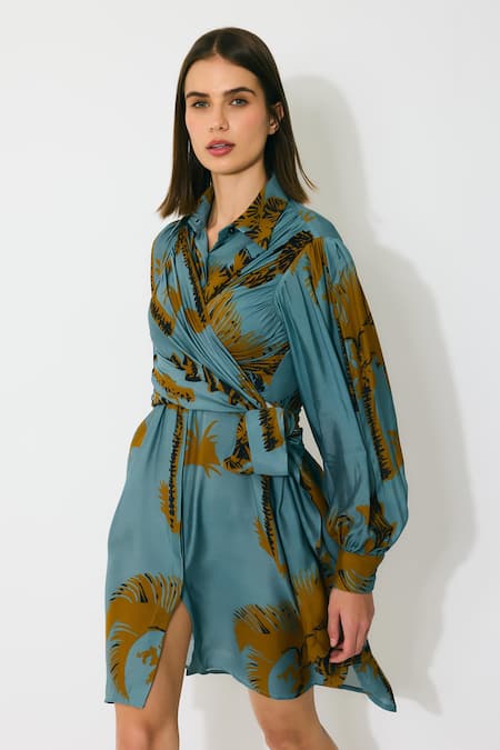 Koai_Sky Blue Muslin, Silk Collared Floral Wrap Dress _Online_at_Aza_Fashions