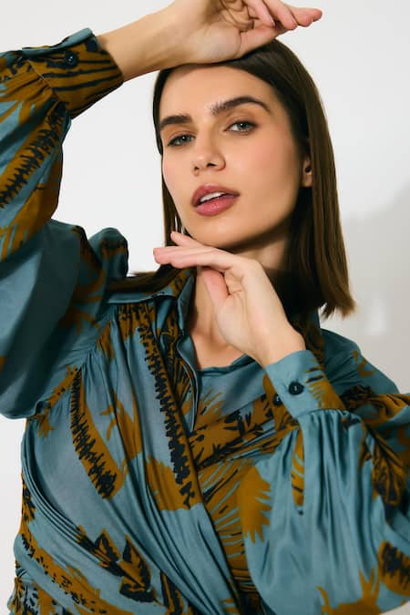 Buy_Koai_Sky Blue Muslin, Silk Collared Floral Wrap Dress _Online_at_Aza_Fashions