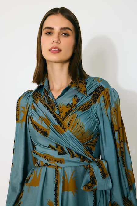 Shop_Koai_Sky Blue Muslin, Silk Collared Floral Wrap Dress _Online_at_Aza_Fashions
