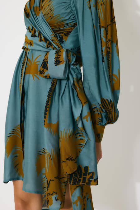 Koai_Sky Blue Muslin, Silk Collared Floral Wrap Dress _at_Aza_Fashions