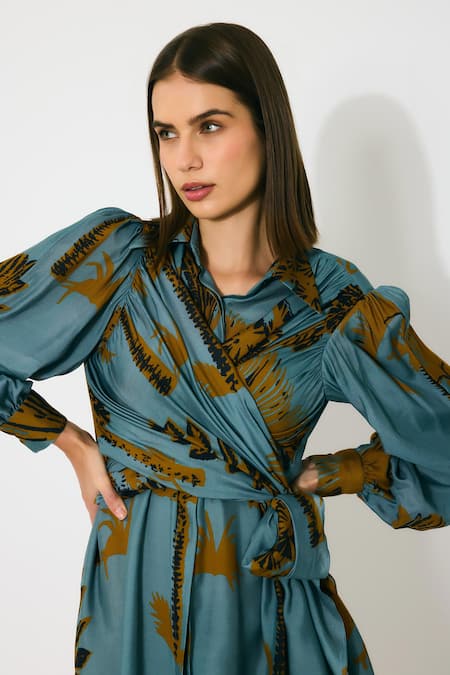 Buy_Koai_Sky Blue Muslin, Silk Collared Floral Wrap Dress 