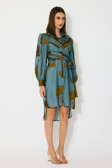 Shop_Koai_Sky Blue Muslin, Silk Collared Floral Wrap Dress 