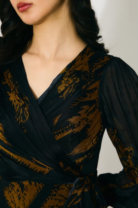Koai_Black Chiffon Open Neck And Gold Floral Wrap Jumpsuit _Online_at_Aza_Fashions
