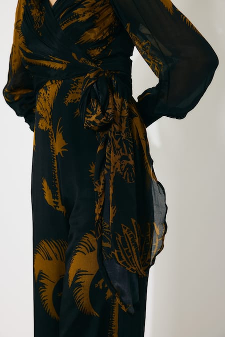 Buy_Koai_Black Chiffon Open Neck And Gold Floral Wrap Jumpsuit _Online_at_Aza_Fashions