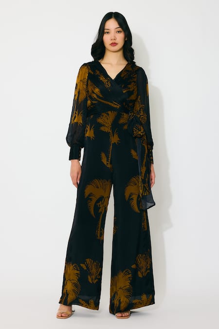 Shop_Koai_Black Chiffon Open Neck And Gold Floral Wrap Jumpsuit _Online_at_Aza_Fashions
