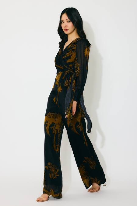 Shop_Koai_Black Chiffon Open Neck And Gold Floral Wrap Jumpsuit _at_Aza_Fashions