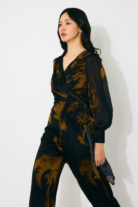 Koai_Black Chiffon Open Neck And Gold Floral Wrap Jumpsuit _at_Aza_Fashions
