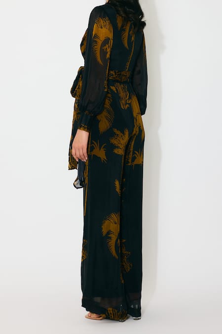 Buy_Koai_Black Chiffon Open Neck And Gold Floral Wrap Jumpsuit 