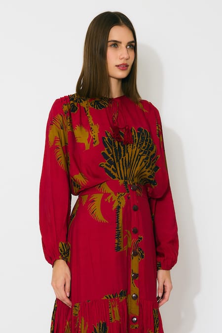 Koai_Red Muslin, Silk Round Neck Floral Cotton Top _Online_at_Aza_Fashions